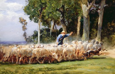 Een herder met een kudde schapen door Charles Emile Jacques